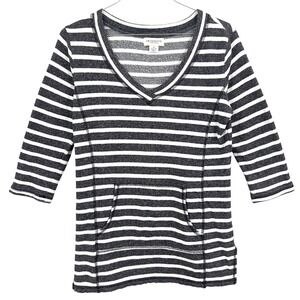 Liz Claiborne Weekend Womens Stripe V-Neck Kangaroo Top Grey French Terry Y2K M